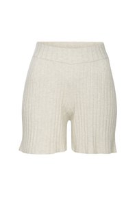 Ivoor ribbelgebreide shorts met een hoge tailleband en een lichte klokvormige zoom. Zachte textuur met verticale patroondetails.