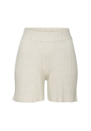 Elfenbeinfarbene, gerippte Strickshorts mit hohem Bund und leicht ausgestellt geschnittenem Saum. Weiche Textur mit vertikalen Musterdetails.