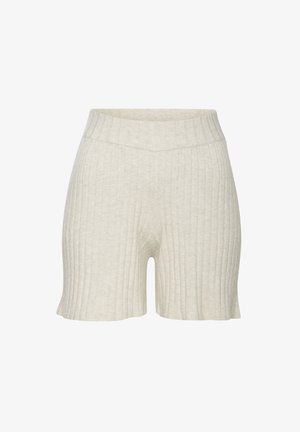 Elfenbeinfarbene, gerippte Strickshorts mit hohem Bund und leicht ausgestellt geschnittenem Saum. Weiche Textur mit vertikalen Musterdetails.