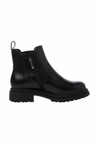 Black leather ankle boots with a rounded toe, side zipper, and a textured rubber sole. Features a pull tab at the back.