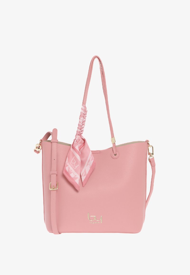 Borsa tote in ecopelle rosa con una superficie liscia, tracolla regolabile e manico intrecciato. Include un dettaglio di sciarpa abbinata e logo.