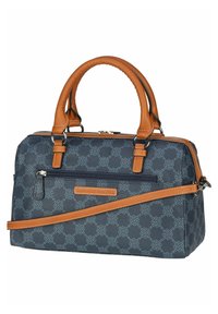 Borsa a tracolla blu navy con un esterno a fantasia, rifiniture in ecopelle, doppi manici, tracolla staccabile e tasche con zip.