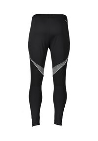 Schwarze sportliche Leggings aus dehnbarem Material. Mit reflektierenden silbernen Akzenten und Reißverschlüssen an den Knöcheln für ein einfaches An- und Ausziehen.