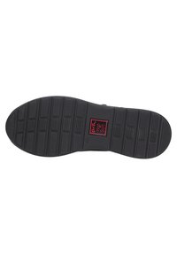 Suela de zapato de goma negra con patrón de agarre texturizado, presenta indentaciones rectangulares y bordes redondeados, etiquetada con "ara High Soft."