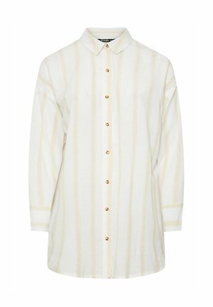 White button-up shirt with vertical yellow stripes, long sleeves, and a collar. Features gold buttons and a relaxed fit design.