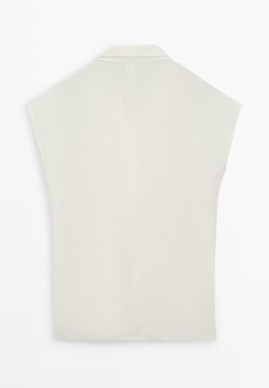 Roomkleurige mouwloze top met kraag, rechte snit en zachte stof, plat uitgestald op een witte achtergrond.