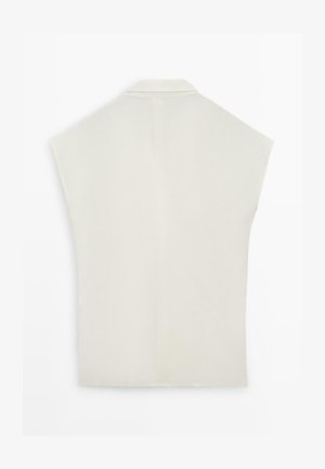 Roomkleurige mouwloze top met kraag, rechte snit en zachte stof, plat uitgestald op een witte achtergrond.