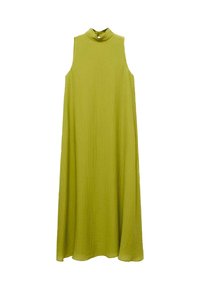 Sleeveless maxi dress in light green, featuring a high neckline and a flowing, layered design with a textured fabric.