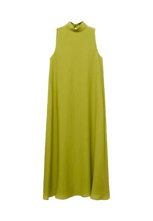 Sleeveless maxi dress in light green, featuring a high neckline and a flowing, layered design with a textured fabric.
