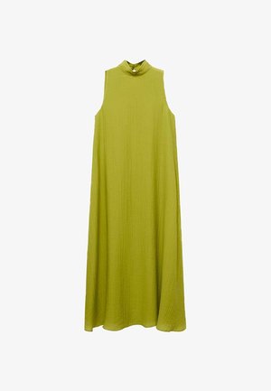 Sleeveless maxi dress in light green, featuring a high neckline and a flowing, layered design with a textured fabric.