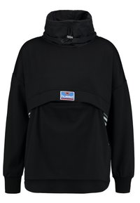 Černý mikina s kapucí a šňůrkou u krku, s cropped designem, dlouhými rukávy a logem našitým na přední straně. Proužkované detaily na bocích.