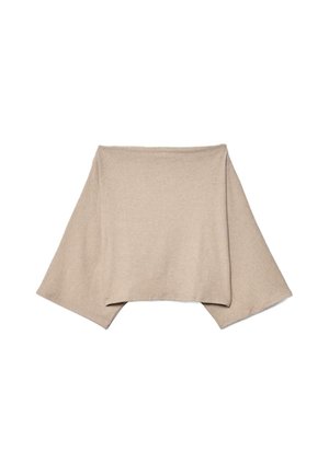 Beige knitted cropped top with wide sleeves, a rectangular shape, and soft texture; no visible fastenings or patterns.