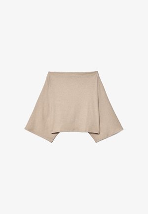 Top corto beige lavorato a maglia con ampie maniche, forma rettangolare e tessuto morbido; senza chiusure o motivi visibili.