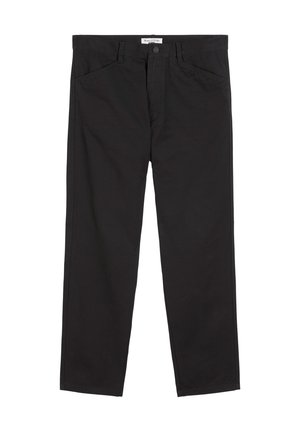 Zwarte katoenen broek met een rechte pijp, voorzien van twee frontzakken en een knoopsluiting bij de taille voor een veilige pasvorm.