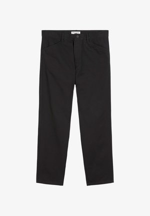 Czarne bawełniane spodnie z prostymi nogawkami, z dwoma przednimi kieszeniami i zapięciem na guzik w pasie dla pewnego dopasowania.