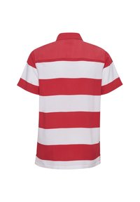 Camicia a maniche corte con righe orizzontali rosse e bianche, con colletto e una texture liscia. La vista posteriore mostra la parte superiore rossa uniforme.