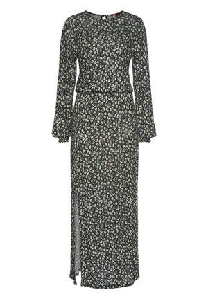 Langes, dunkles Kleid mit Blumenmuster, langen Ärmeln, tailliertem Bund und seitlichem Schlitz. Das Material hat eine zarte, leichte Textur und eine gedämpfte Farbpalette.