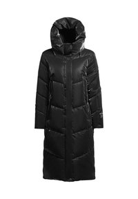 Zwarte geïsoleerde pufferjas met een hoge kraag, lange mouwen en een ritssluiting aan de voorkant. Heeft grote doorgestikte secties en twee zijzakken.