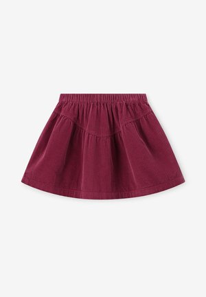 Children's burgundy corduroy skirt with gathered elastic waistband and flared silhouette on white background.
