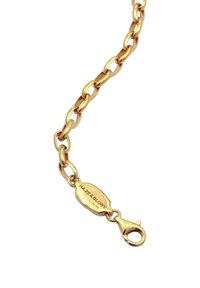 Goldfarbener Kettenanhänger mit ovalen Gliedern, ausgestattet mit einem Karabinerhaken und einem gravierten Tag mit der Aufschrift "HAZE & GLORY". Glatte Oberflächenstruktur.