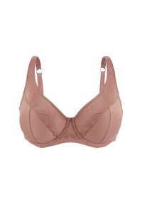 Soutien-gorge mauve avec un motif géométrique texturé sur les bonnets, des brettelles réglables et un bord festonné sur le dessus.