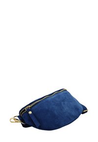 Sac en daim bleu marine de forme courbée, avec une fermeture à glissière dorée et un clip sur le côté. Texture lisse avec un design minimaliste.