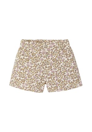 Kurzärmelige Shorts mit Blumenmuster, elastischem Bund und drei vorderen Knöpfen in Beige-, Rosa- und Brauntönen auf weißem Hintergrund.