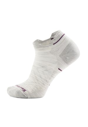 Light gray ankle sock with darker gray heel and toe, featuring thin purple stripes near the cuff and printed text on the toe.