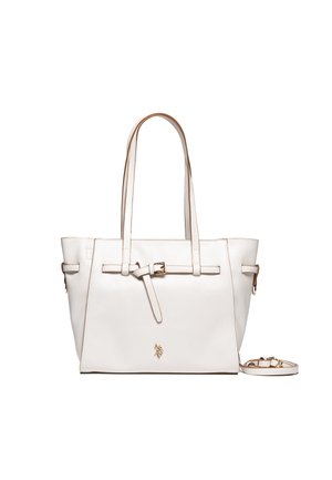 Borsa tote in pelle bianca con doppi manici, dettaglio cintura regolabile sul davanti, piccolo emblema dorato e tracolla staccabile sul lato.