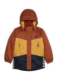 Giacca invernale con cappuccio per bambino in ruggine, giallo senape e blu navy, con zip frontale, bottoni a pressione e tasche laterali.