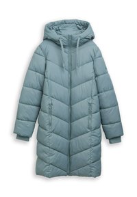 Lichtblauwe gewatteerde jas met een capuchon, chevron quilting, ritssluiting aan de voorkant en zijzakken, met elastische manchetten en een gladde textuur.
