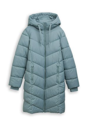 Manteau rembourré bleu clair avec capuche, motif en chevrons, fermeture éclair à l'avant et poches latérales, doté de poignets élastiques et d'une texture lisse.