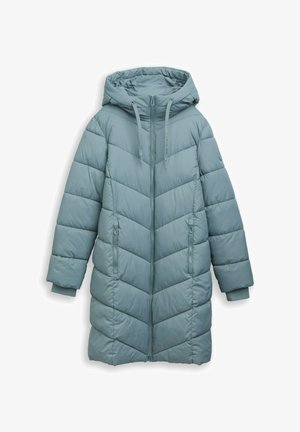 Light blue padded coat with a hood, chevron quilting, zippered front, and side pockets, featuring elastic cuffs and a smooth texture.
