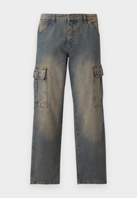 Denim-Cargo-Hosen in einem verblassten Blauton, lockerer Schnitt, zwei große Seitentaschen, genähte Nähte und ein klassisches Taillenband-Design.