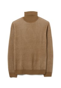 Brauner gerippter Rollkragenpullover mit tailliertem Schnitt, weichem Material und langen Ärmeln, der einen hohen Kragen und eine einheitliche, uniforme Farbe aufweist.