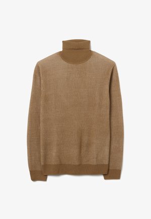 Maglione marrone a collo alto con righe, dal design attillato, morbido al tatto e con maniche lunghe, caratterizzato da un collo alto e un colore uniforme e solido.