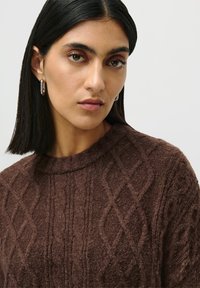 Egyenes fekete hajú nő ezüst karika fülbevalót visel, sötétbarna, fonott pulóverben van, és enyhén oldalra néz.