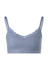 Bralette a costine blu chiaro con spalline regolabili, caratterizzato da un bordino in pizzo lungo il scollo. Tessuto morbido con una texture liscia.