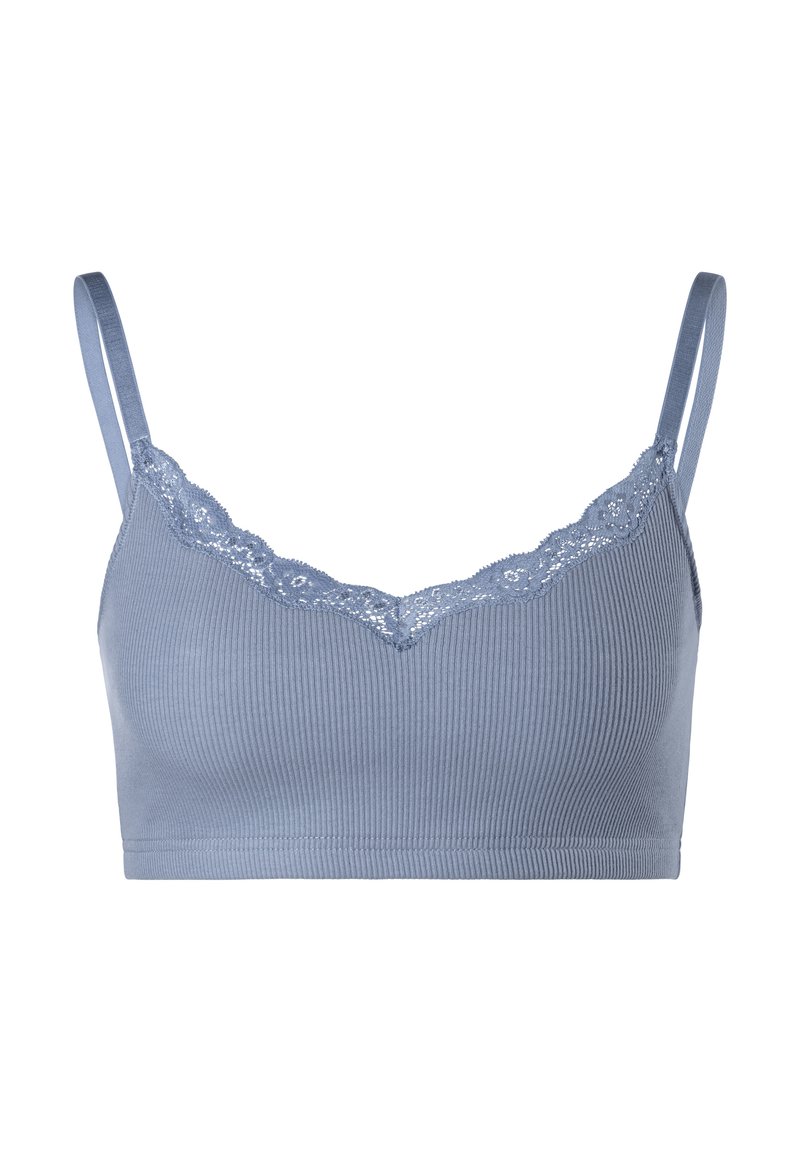 Bralette a costine blu chiaro con spalline regolabili, caratterizzato da un bordino in pizzo lungo il scollo. Tessuto morbido con una texture liscia.