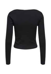 Sort ribbet langærmet top med en let cropped pasform og en bred halsudskæring. Har en glat tekstur og rene syninger langs kanterne.