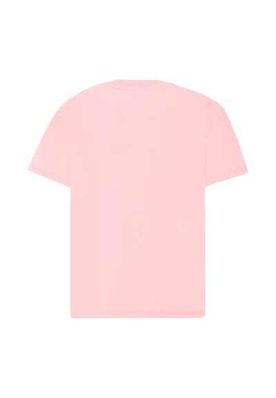 T-shirt rose clair à manches courtes en coton, avec un col rond classique et une surface lisse, sans embellissements.