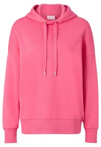 Różowy bawełniany hoodie z przednią kieszenią typu kangur, regulowanym kapturem na sznurki oraz ściągaczami przy mankietach i hemie. Gładka tekstura, luźny krój.