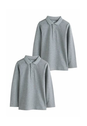 Két szürke hosszú ujjú galléros póló háromgombos patenttal, fehér háttéren bemutatva.