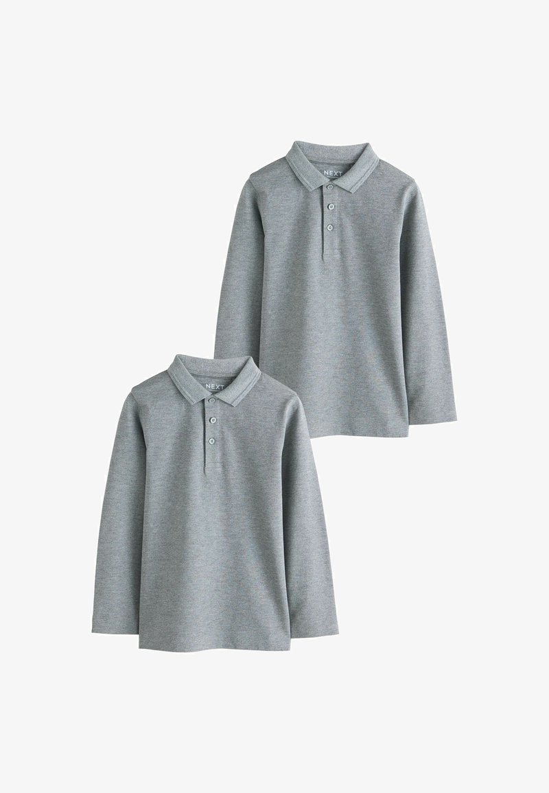 Deux polos gris à manches longues avec col et patte à trois boutons, présentés sur fond blanc.