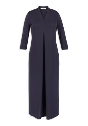 Námořnické šaty s dlouhým rukávem a výstřihem do V a předními záhyby. Vyrobené z hladkého materiálu s volným střihem a bočními rozparky pro snadný pohyb.