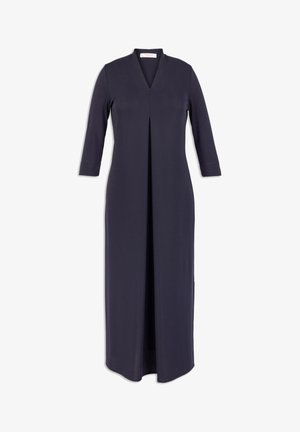 Marineblauwe jurk met lange mouwen, een V-hals en een plooien aan de voorkant. Gemaakt van een soepele stof met een vloeiende silhouette en zijsplitten voor gemakkelijke beweging.