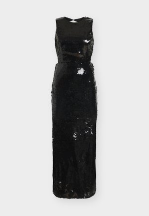 Zwarte avondjurk met pailletten en een aansluitend ontwerp, ronde halslijn en mouwloze stijl, met een subtiele uitlopende zoom.