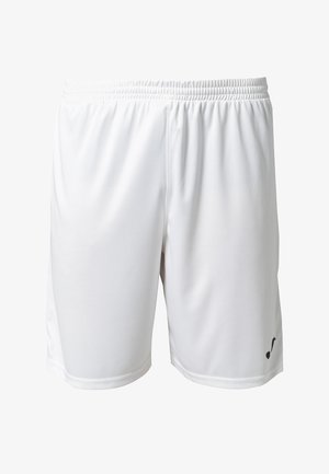 Shorts albi de sport cu un bretele elastic, material neted și un mic logo negru în partea inferioară stângă. Fără modele sau accente suplimentare.