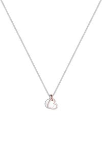 Zilveren ketting met een paar verbonden harten in zilver en roségouden tinten, met gladde oppervlakken en een minimalistisch ontwerp.