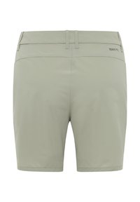 Hellgrüne Shorts aus glattem, dehnbarem Material. Mit einem flachen Bund, Gürtelschlaufen und einem kleinen Logo auf der Rückseite.